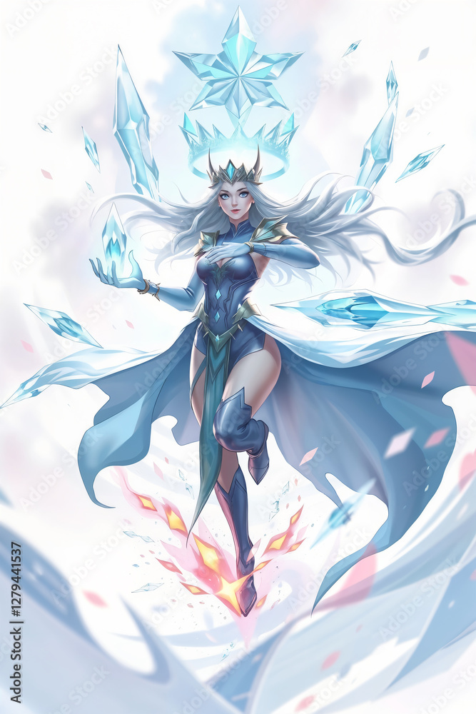 Obraz premium Magical Queen of Ice, Anime Sorcerer Girl with long white hair, and a blue Armor dress and a crown is levitating in a motion perspective. Motion Shot, 9:16 Cardgame, white backdrop