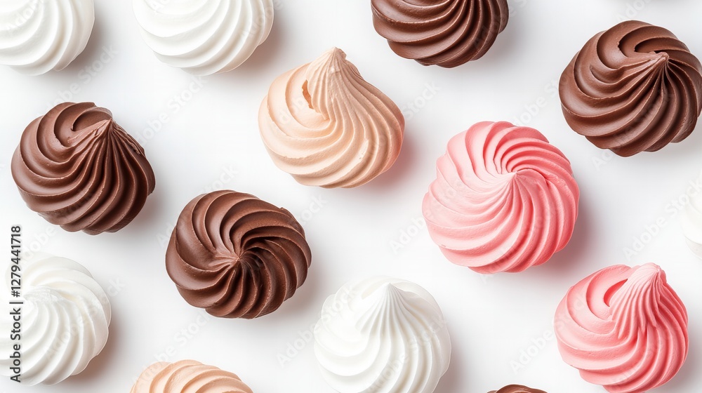 A delightful array of pastel-colored meringue swirls, perfect for a sweet treat or elegant dessert display. A delightful array of pastel-colored meringue swirls, perfect for a sweet treat or elegant dessert display.