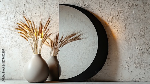 A large crescent moon mirror with a matte black border leaned against a textured wall
