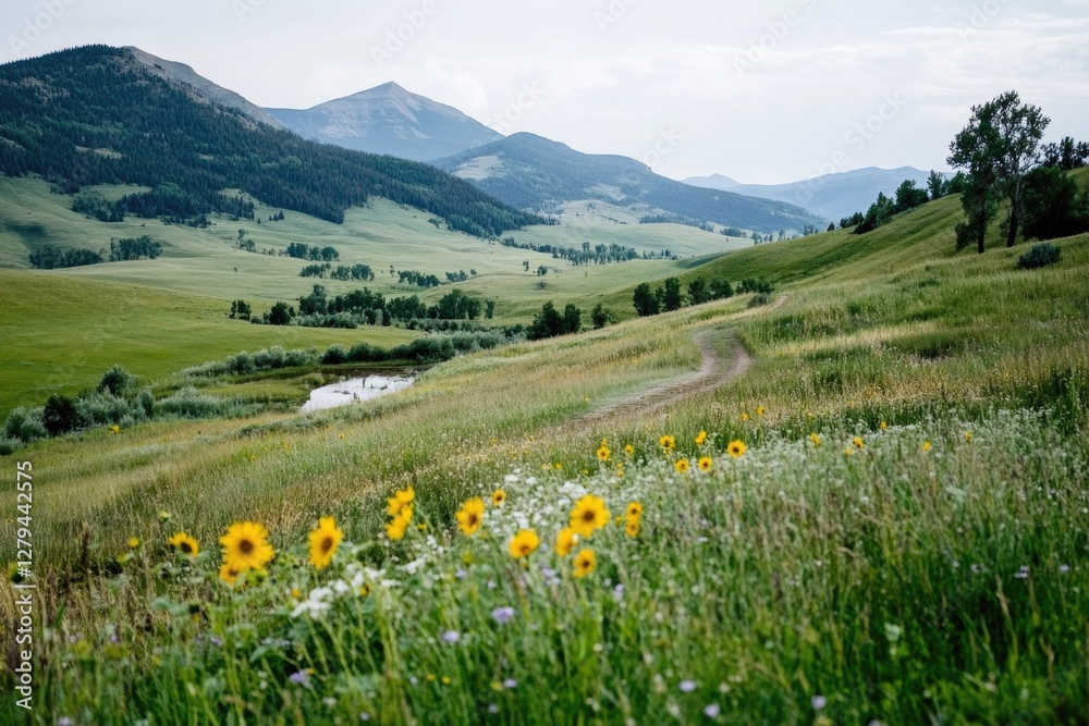 Idyllic mountain landscape with wildflowers and rolling hills Idyllic mountain landscape with wildflowers and rolling hills