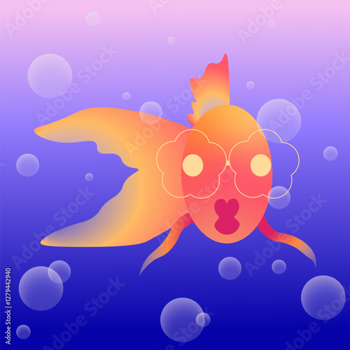 Funny fish character under water with bubbles. Gradient summer illustration 