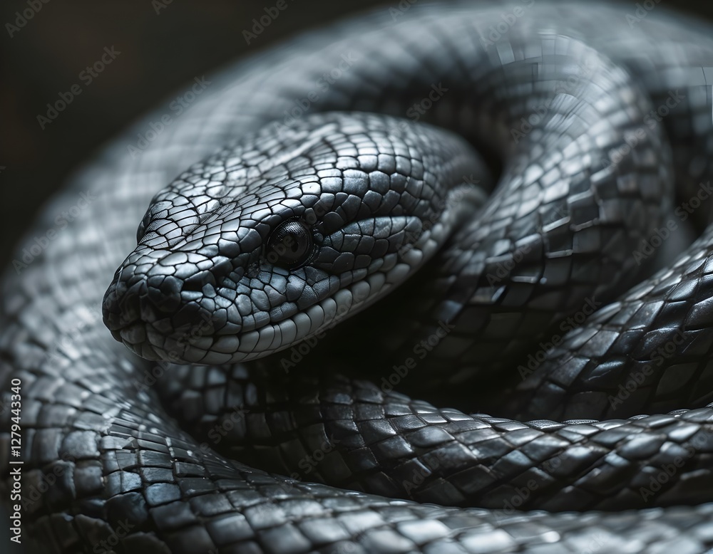 Fototapeta premium Coiled Snake with Intricately Carved Scales and Dramatic Shadows