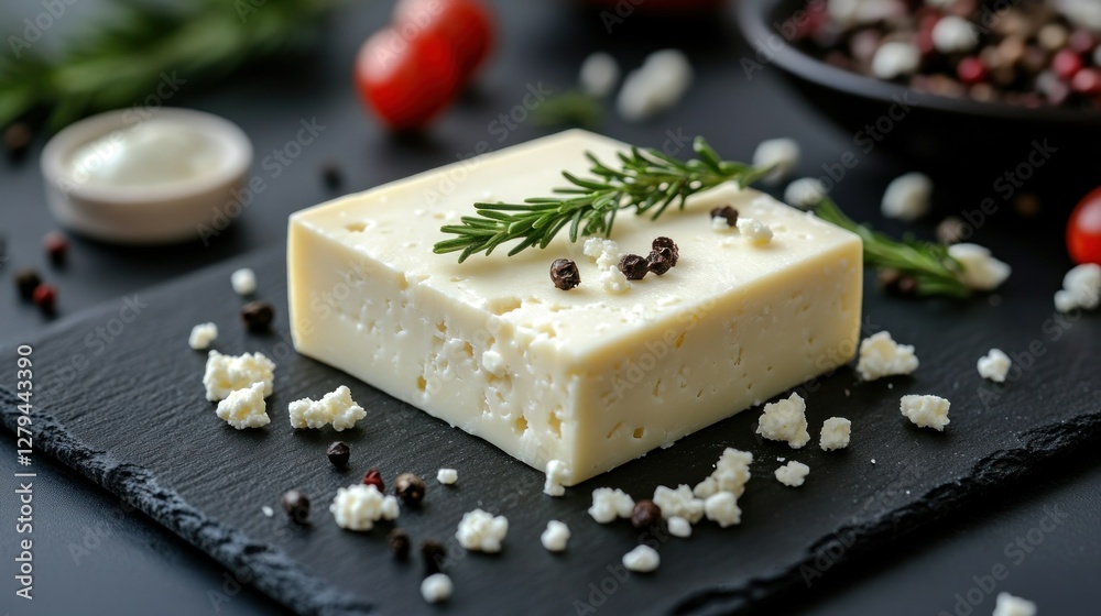 Cheese block, rosemary, pepper, slate, kitchen, food photography, recipe Cheese block, rosemary, pepper, slate, kitchen, food photography, recipe