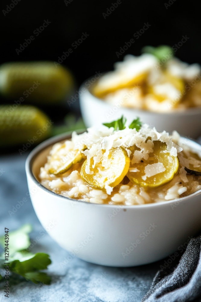Creamy risotto with zucchini and parmesan garnish in white bowl Creamy risotto with zucchini and parmesan garnish in white bowl
