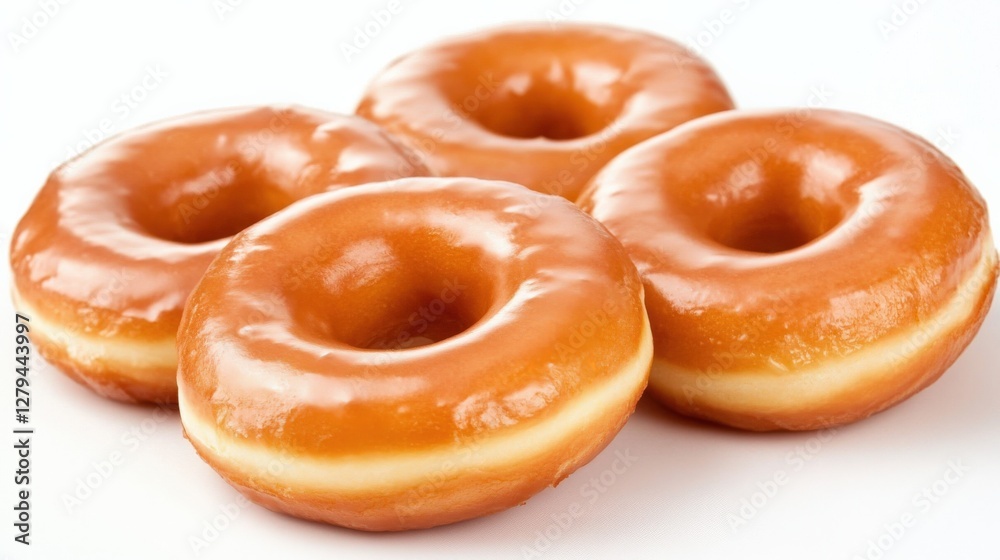 Freshly baked glazed donuts arranged neatly on a white background, highlighting their texture and shine Freshly baked glazed donuts arranged neatly on a white background, highlighting their texture and shine