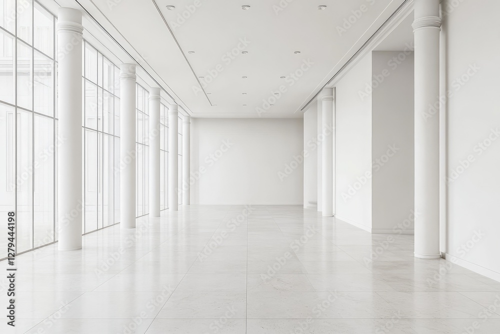 Light spacious presentation hall with columns and white walls. AI generated illustration. Light spacious presentation hall with columns and white walls. AI generated illustration.