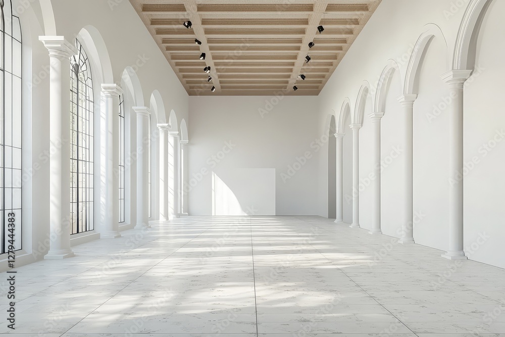 Light spacious presentation hall with columns and white walls. AI generated illustration.