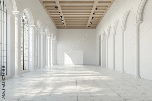 Light spacious presentation hall with columns and white walls. AI generated illustration.