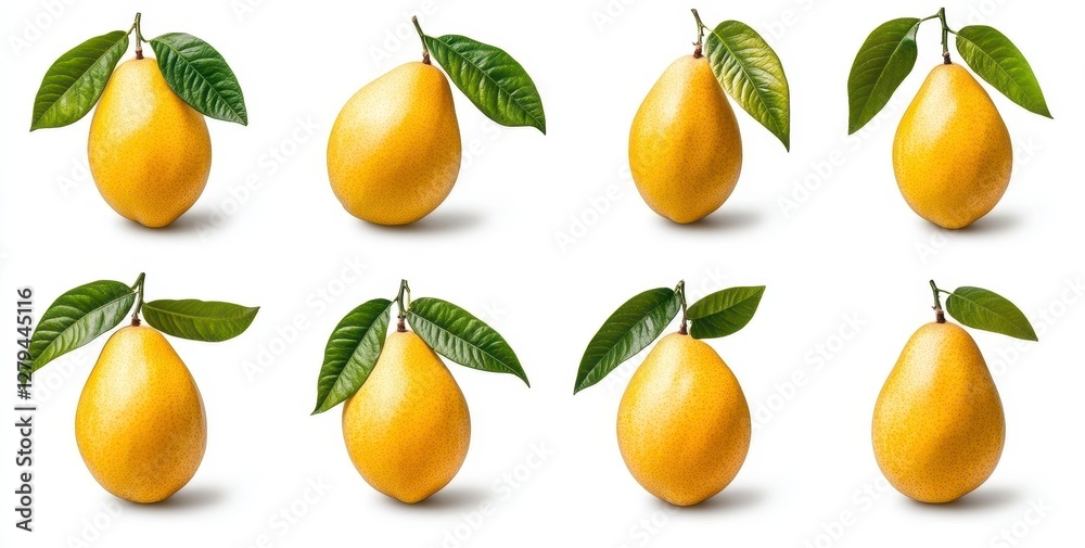 Obraz premium Eight Yellow Pears with Green Leaves on White Background