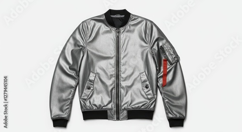 Silver metallic bomber jacket with black collar and orange inner lining photo