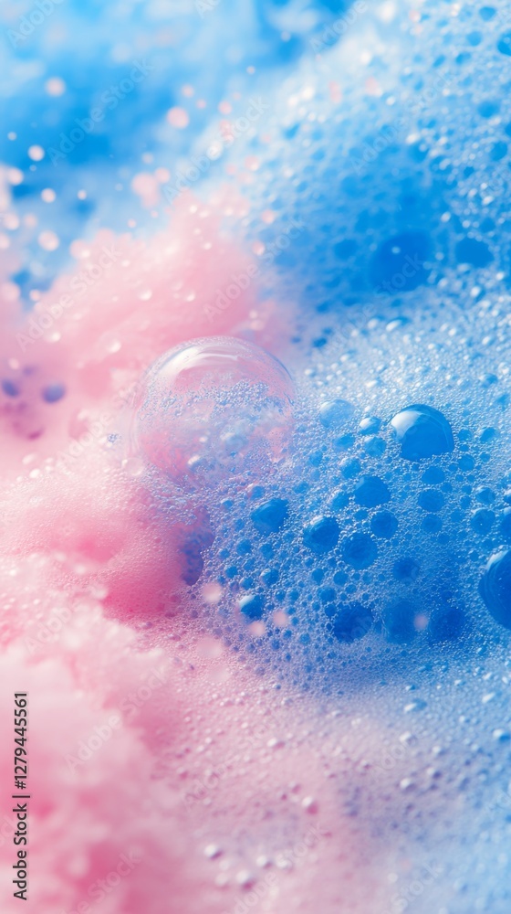 Obraz premium Close-up of blue and pink soap suds with bubbles. Abstract soap foam with water drops and shiny texture.