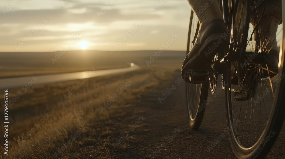 Fototapeta premium Cyclist enjoying a scenic sunset bike ride along a country road. Golden hour light illuminates the scene.