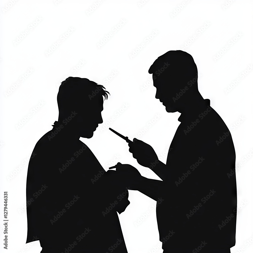Silhouetted men using a mobile device and writing, isolated on a plain background. Silhouetted men using a mobile device and writing, isolated on a plain background.