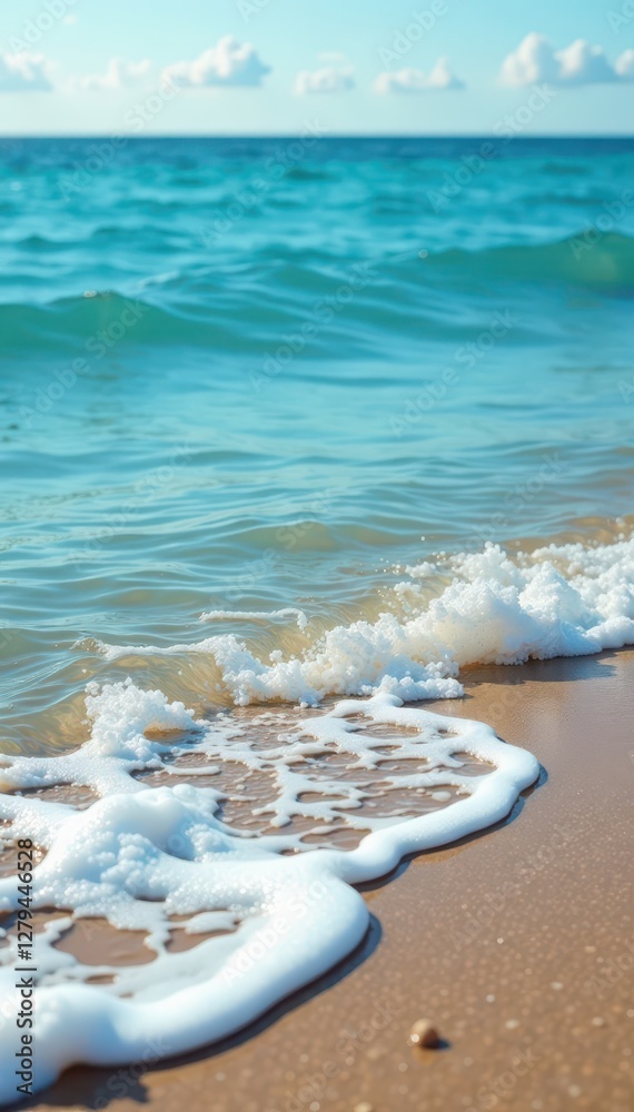 Calming ocean wave with blue water drop on sandy shore, blue, waves Calming ocean wave with blue water drop on sandy shore, blue, waves