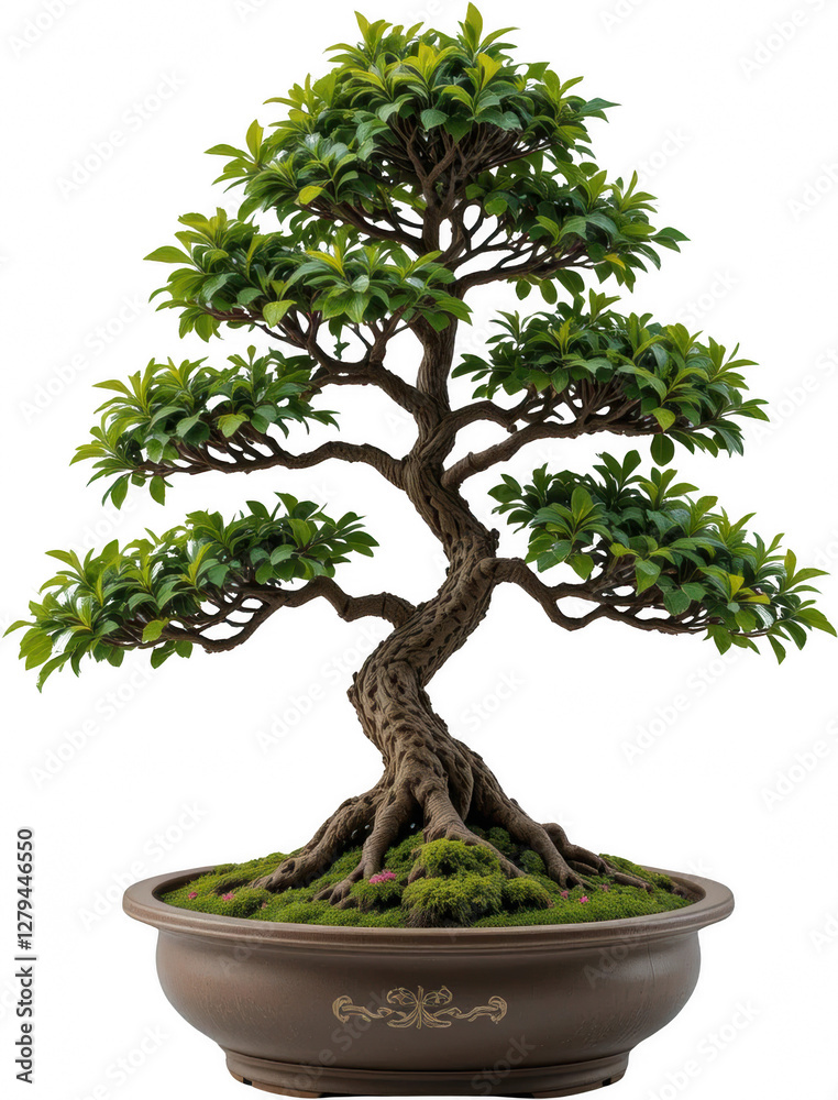Serene Bonsai Tree in Brown Pot Lush Green Foliage Detailed Trunk Asian Art Indoor Plant Serene Bonsai Tree in Brown Pot Lush Green Foliage Detailed Trunk Asian Art Indoor Plant