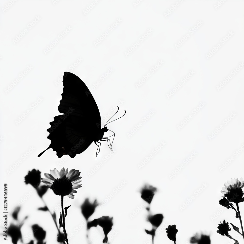Obraz premium Silhouette of a butterfly and flowers against a bright, clean white background.