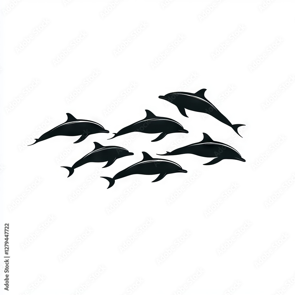 Fototapeta premium Silhouette of several dolphins in a pod, moving in the same direction.