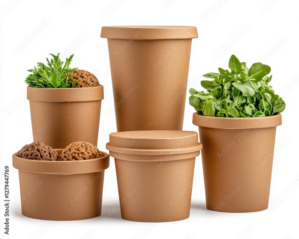 Fototapeta premium Five Brown Biodegradable Containers with Herbs and Soil