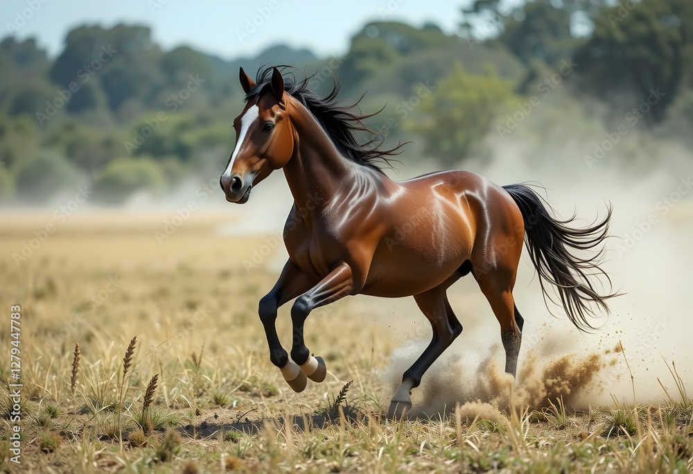 Wild horse galloping through field with swirling dust beneath hooves Wild horse galloping through field with swirling dust beneath hooves