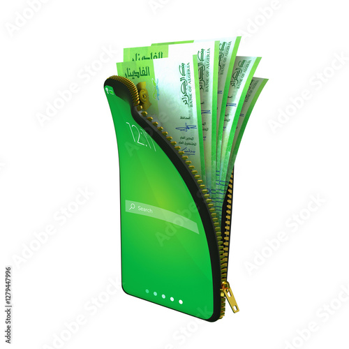 Online mobile money wallet concept. 3D rendering of Algeria dinar notes inside smart phone isolated on transparent background. money coming out of purse