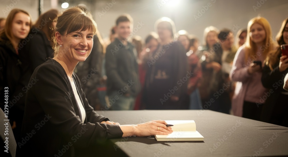 Female author signing books at event with enthusiastic crowd Female author signing books at event with enthusiastic crowd
