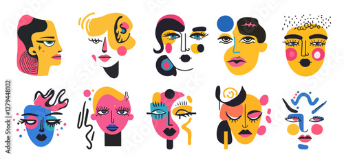faces portraits abstract set. face geometric decorative portrait, person man woman cubism abstractionism modern image drawing yellow pink blue black design poster graphics art creativity vector