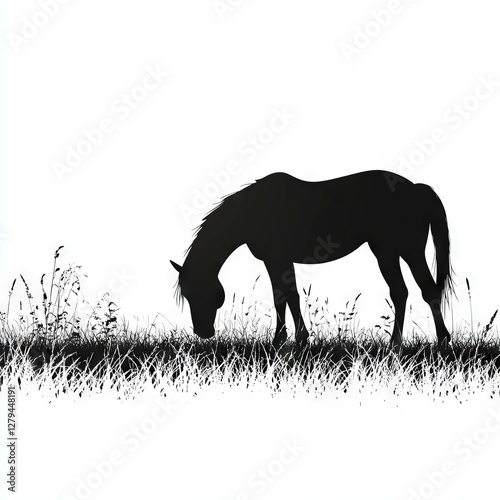Silhouette of horse grazing in field on a bright day, isolated on white.