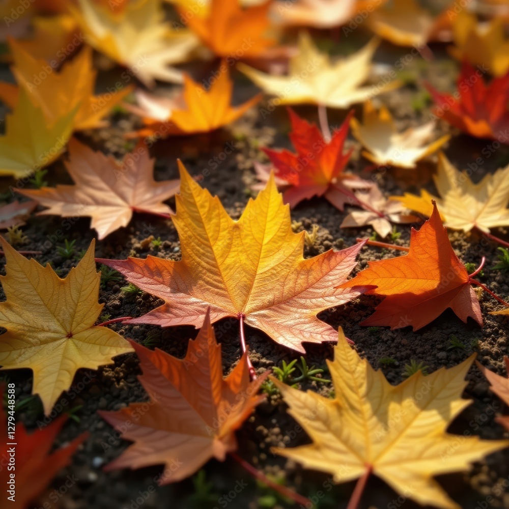 Close-up of scattered maple leaves on ground, sunlight dappled , autumn colors, colorful leaves Close-up of scattered maple leaves on ground, sunlight dappled , autumn colors, colorful leaves