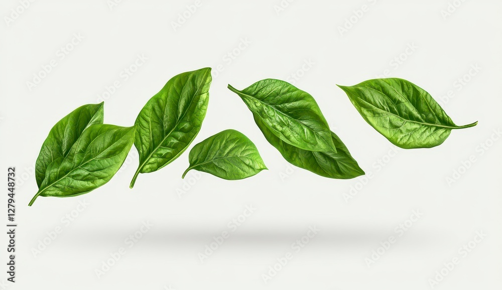 Obraz premium Floating Green Leaves on White Background