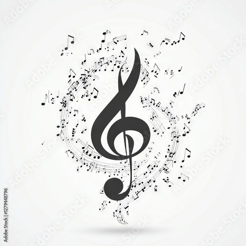 A prominent treble clef surrounded by a swirl of musical notations.