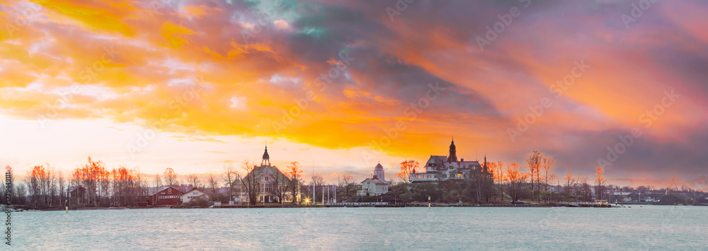 Helsinki, Finland. Panoramic View Of Sunrise Landscape Of Blekholmen Valkosaari Island And Luoto Island
