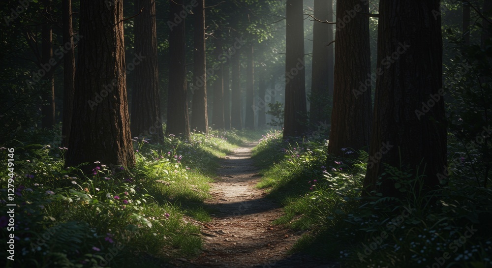 Fototapeta premium Moonlit Forest Path Glowing Softly - Ethereal light illuminates a path winding through a moonlit forest. Symbolizing mystery, tranquility, journey, hope, and nature's serenity