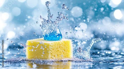 Primer plano de una esponja amarilla brillante salpicando agua en un entorno limpio y fresco