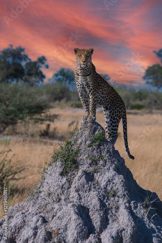 Africa wildlife. Panthera leopard, Panthera pardus, levhart, predator native Africa, Botswana. Wildlife, typical environment of leopard subspecies. On the rock. National park Moremi, Okavango, Kwai.  photo