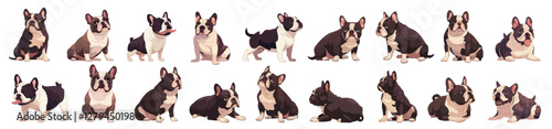 french bulldog cartoon set. black and white spotted dog, small breed brown cute pet cynologist animal vector illustration
