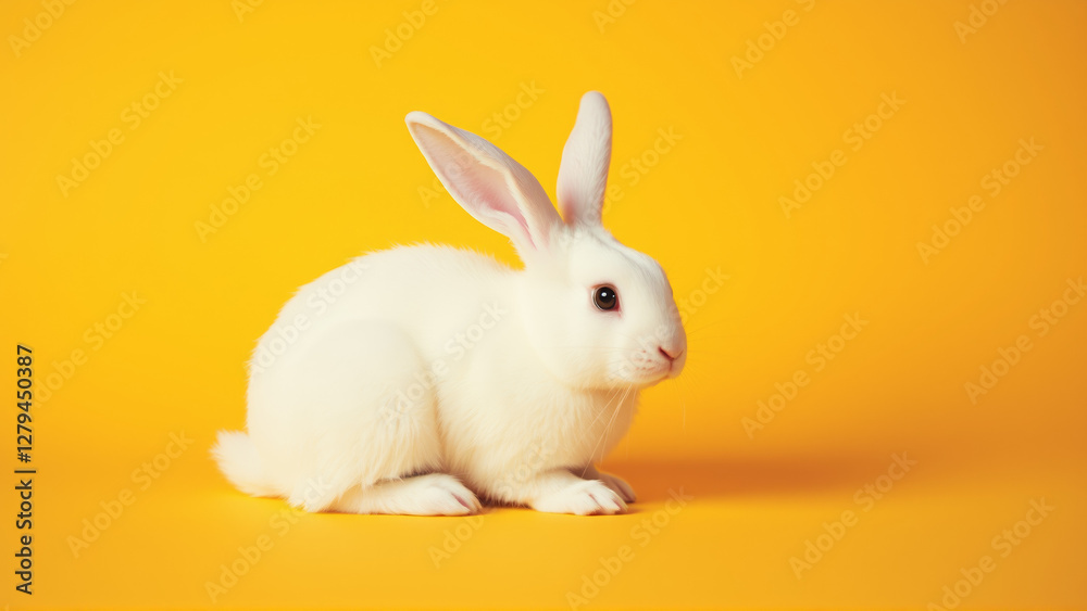 Obraz premium Cute white rabbit on isolated yellow background
