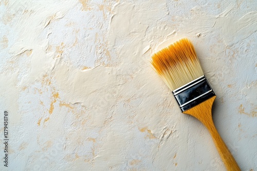 Paintbrush resting on textured wall surface showcasing artistic design and creativity in home improvement and renovation projects, painting concept