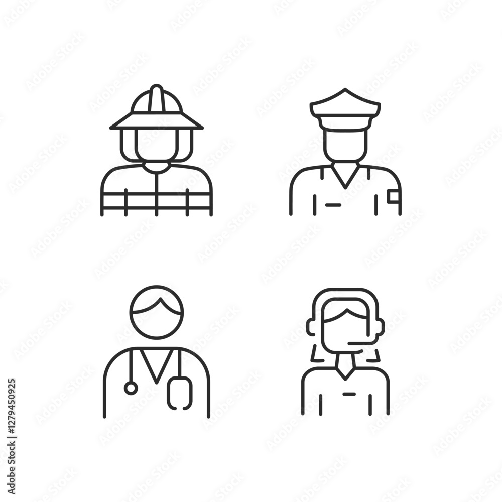 Main Services icons. Set of 4 modern minimalist icons dedicated to various emergency situations and responses. Includes symbols for first responders and safety equipment. Vector illustration. Main Services icons. Set of 4 modern minimalist icons dedicated to various emergency situations and responses. Includes symbols for first responders and safety equipment. Vector illustration.