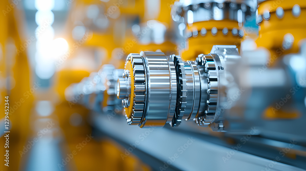 Obraz premium A close-up view of industrial gears and machinery components, showcasing precision engineering with a focus on metallic textures and vibrant yellow accents.