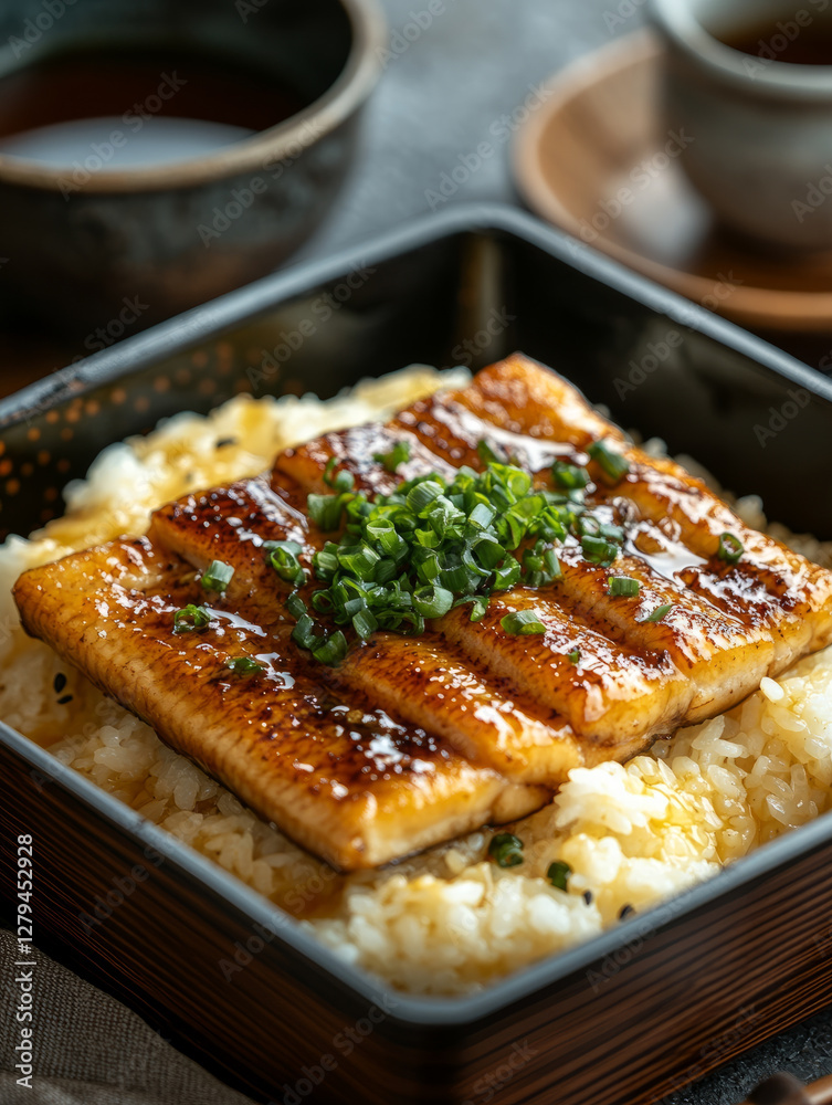 Grilled unagi eel on rice, topped with chives in a black bowl. Grilled unagi eel on rice, topped with chives in a black bowl.