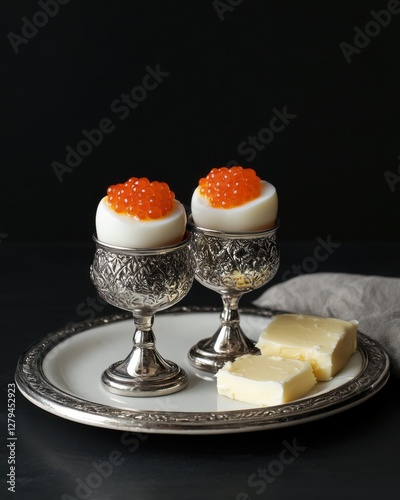 Elegant silver egg cups with red caviar and butter on plate