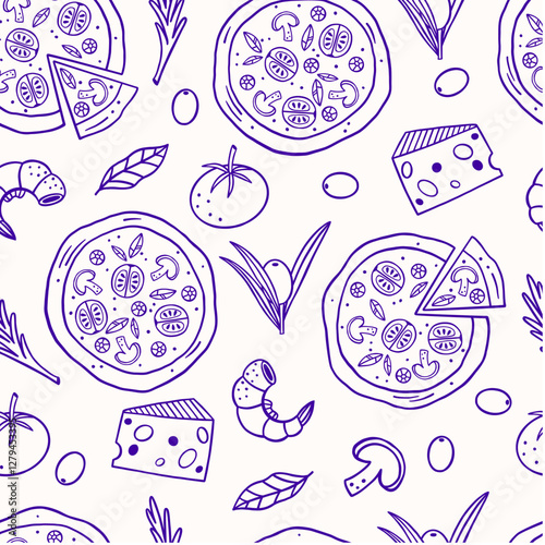 Seamless pattern with Italian pizza and various themed food.