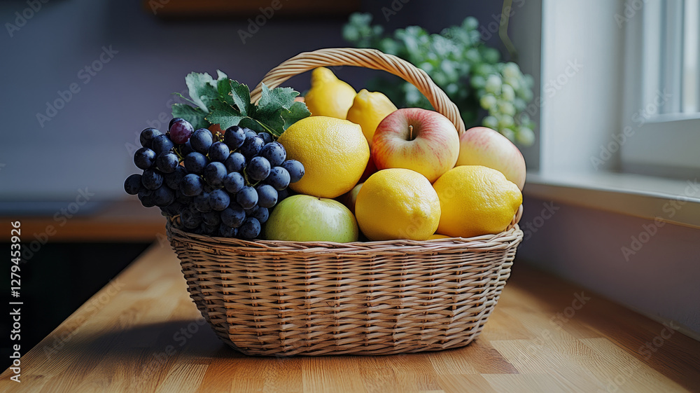 A wicker basket of assorted fresh fruits on a table. A wicker basket of assorted fresh fruits on a table.