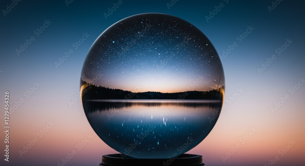A night scene of a calm lake under a starry sky, encapsulated inside a glass sphere, peaceful and dreamy A night scene of a calm lake under a starry sky, encapsulated inside a glass sphere, peaceful and dreamy