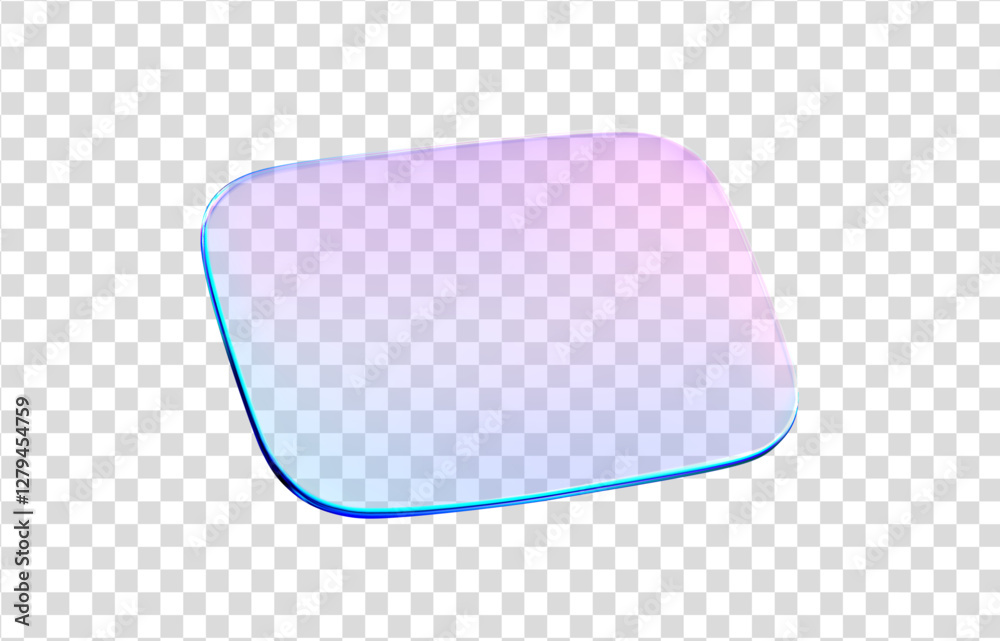 3d glass rectangle shape. Holographic crystal plate transparent. Blue purple gradient 3d box glass button hologram effect. Flying podium, badge, crystal, banner. Vector realistic illustration