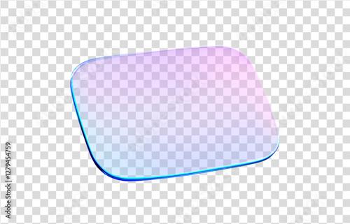 3d glass rectangle shape. Holographic crystal plate transparent. Blue purple gradient 3d box glass button hologram effect. Flying podium, badge, crystal, banner. Vector realistic illustration