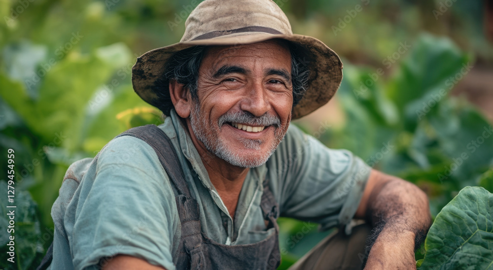Fototapeta premium A middle-aged Brazilian farmer with a warm smile enjoys his time working in a rich, green vegetable garden surrounded by nature