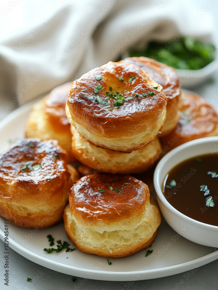 Yorkshire pudding with gravy on a plate garnished with herbs. Yorkshire pudding with gravy on a plate garnished with herbs.