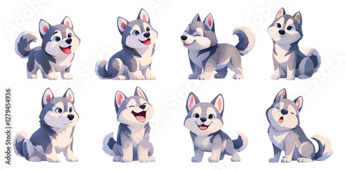 husky cartoon set. gray malamute puppy, dog sled breed pet small cute character vector illustration