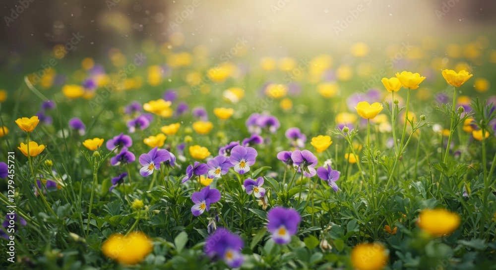 Fototapeta premium Spring Meadow Flowers - Vibrant purple and yellow wildflowers bloom in a sunlit meadow. A beautiful springtime scene